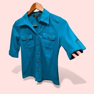 Cute aquamarine lightweight roll sleeve pockets button front cotton top soft